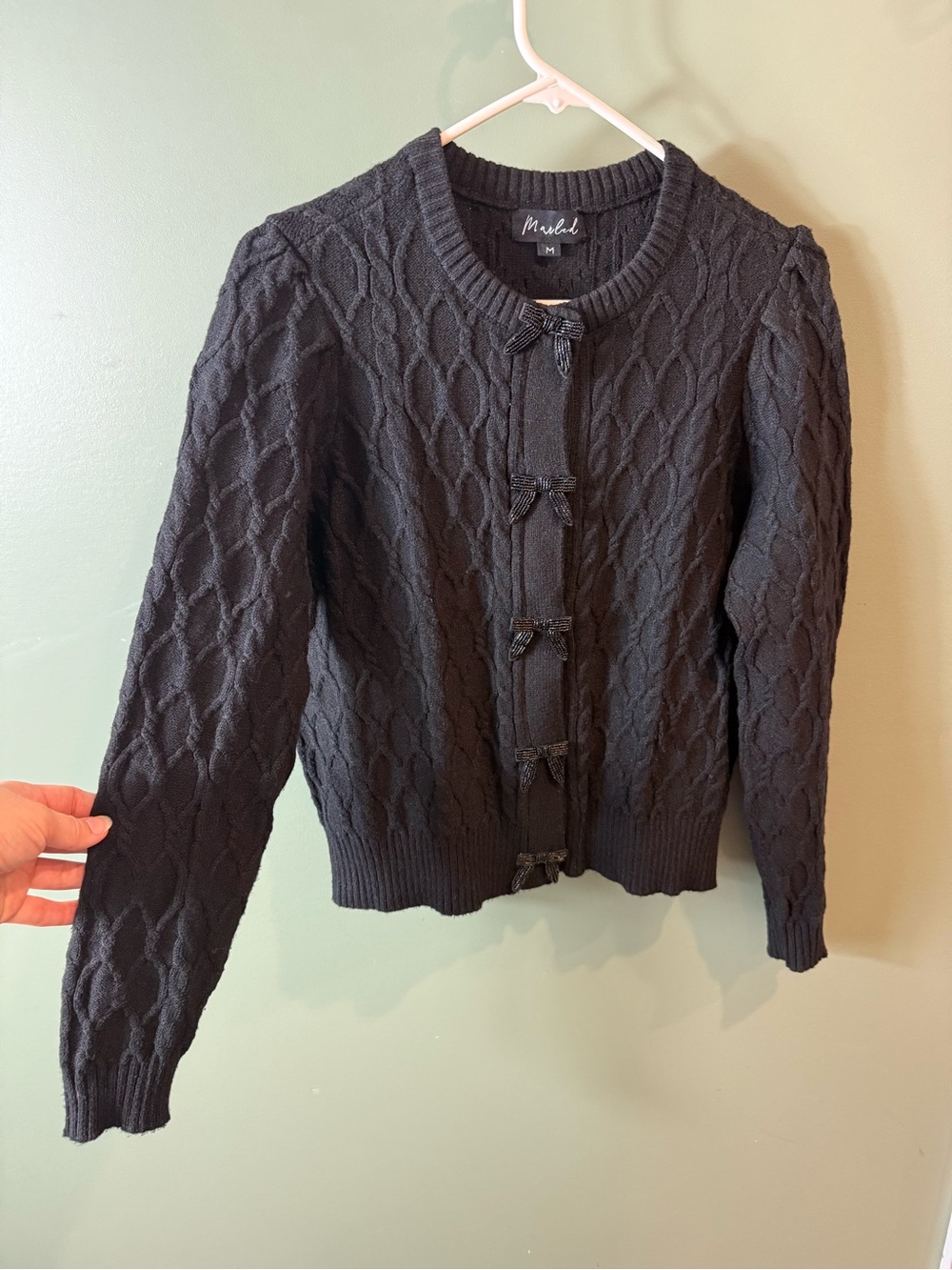 Black Cable-Knit Bow-Front Sweater